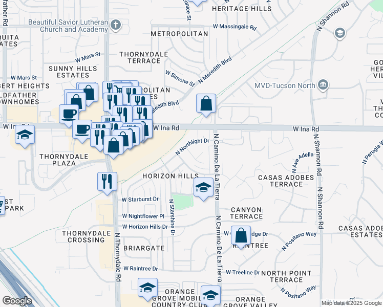 map of restaurants, bars, coffee shops, grocery stores, and more near 3546 West Northstar Drive in Tucson