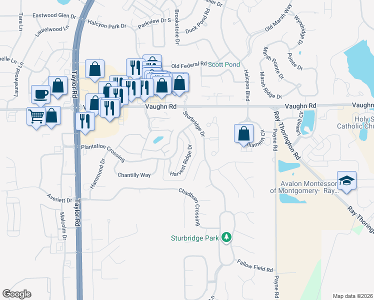 map of restaurants, bars, coffee shops, grocery stores, and more near 8420 Plantation Crossing in Montgomery