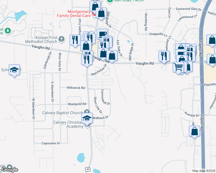 map of restaurants, bars, coffee shops, grocery stores, and more near 2149 Walbash Drive in Montgomery