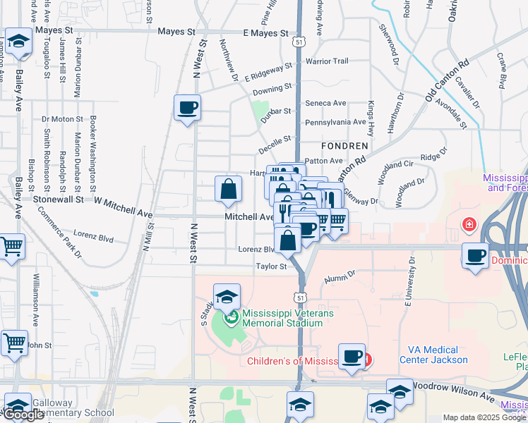 map of restaurants, bars, coffee shops, grocery stores, and more near 422 Mitchell Avenue in Jackson