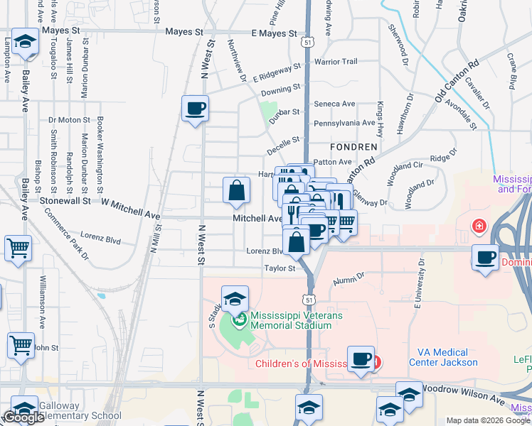 map of restaurants, bars, coffee shops, grocery stores, and more near 422 Mitchell Avenue in Jackson