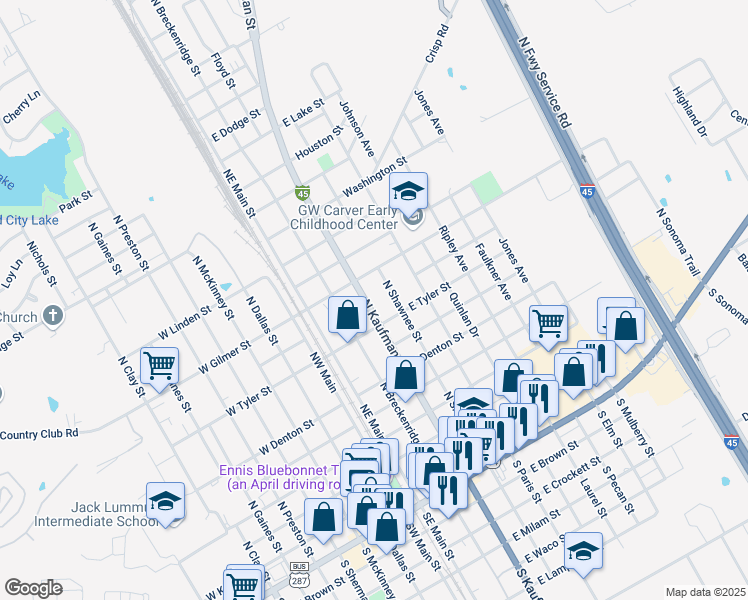 map of restaurants, bars, coffee shops, grocery stores, and more near 900 North Kaufman Street in Ennis