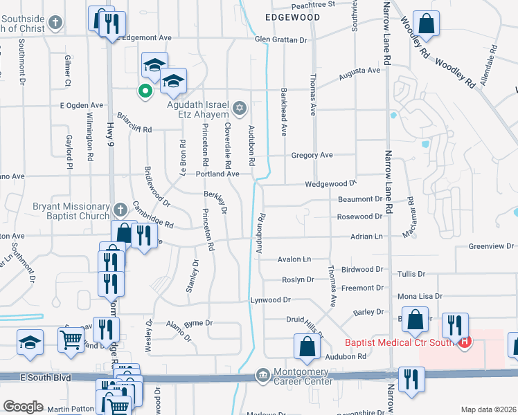 map of restaurants, bars, coffee shops, grocery stores, and more near 3628 East Audubon Road in Montgomery