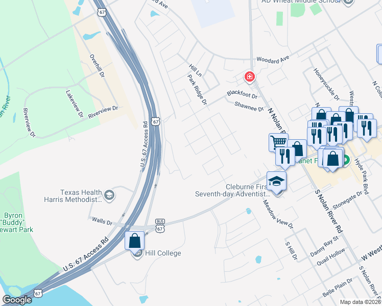 map of restaurants, bars, coffee shops, grocery stores, and more near U.S. 67 Access Road in Cleburne