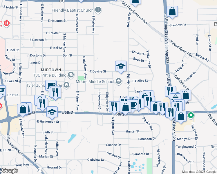 map of restaurants, bars, coffee shops, grocery stores, and more near 1202 Ridgeview Drive in Tyler