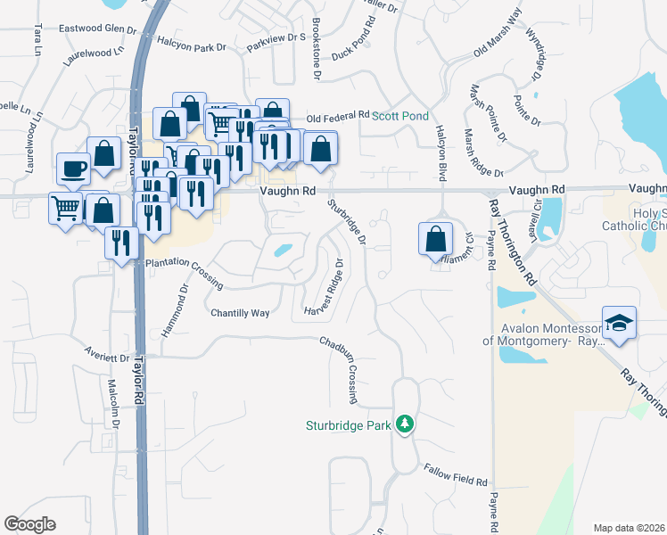 map of restaurants, bars, coffee shops, grocery stores, and more near 8420 Plantation Crossing in Montgomery