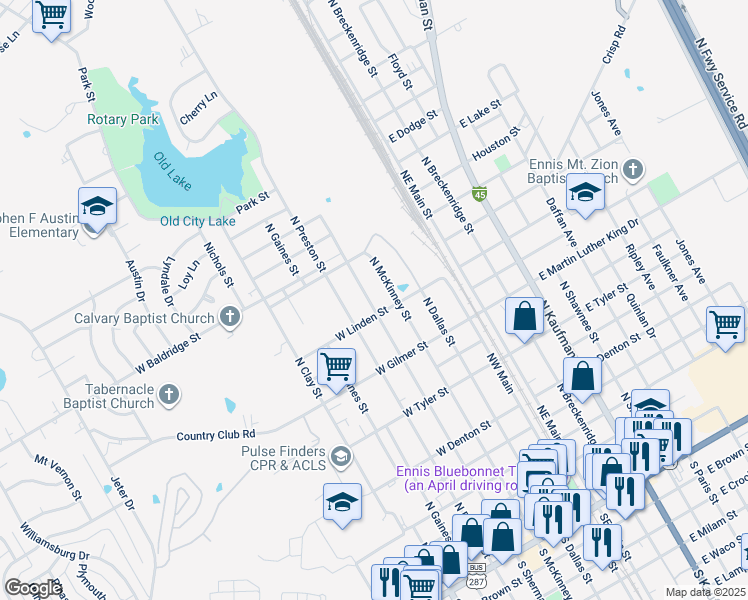map of restaurants, bars, coffee shops, grocery stores, and more near 1206 North Sherman Street in Ennis