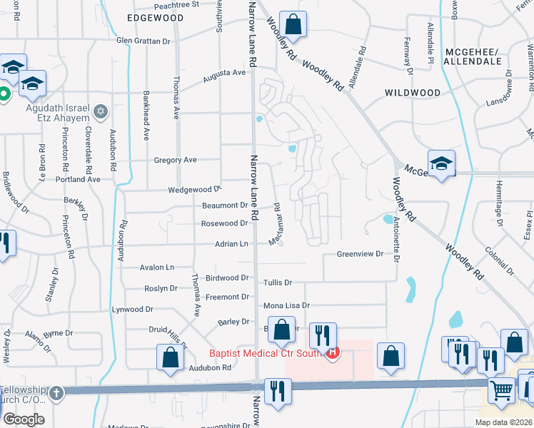 map of restaurants, bars, coffee shops, grocery stores, and more near 2020 Fairway Court in Montgomery
