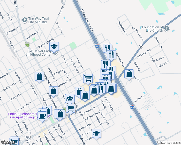 map of restaurants, bars, coffee shops, grocery stores, and more near 902 East Decatur Street in Ennis