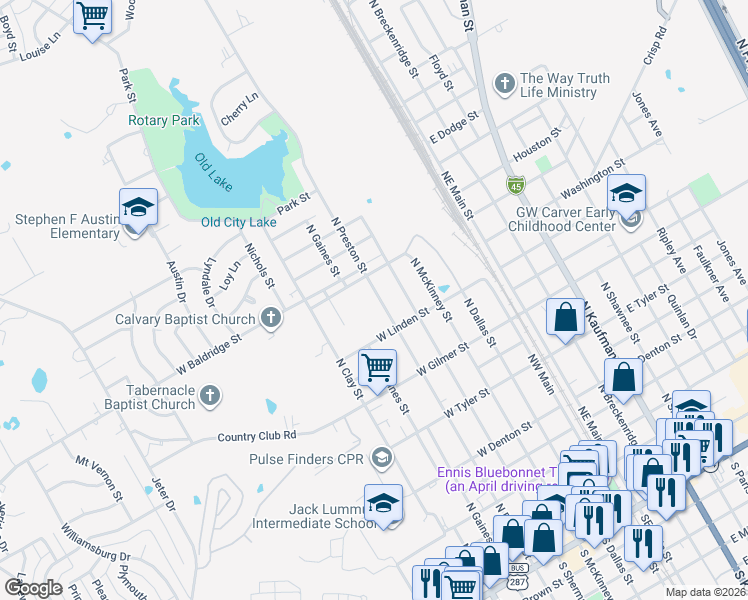map of restaurants, bars, coffee shops, grocery stores, and more near 1301 North Preston Street in Ennis