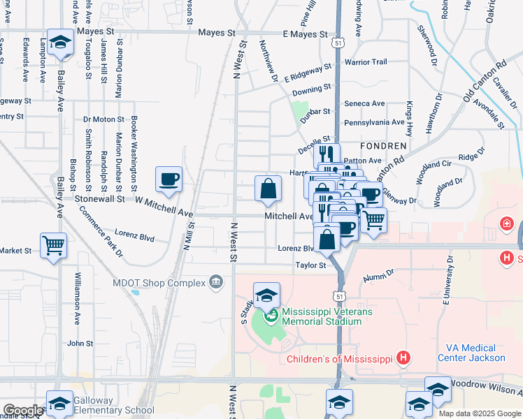 map of restaurants, bars, coffee shops, grocery stores, and more near 3009 Downing Street in Jackson