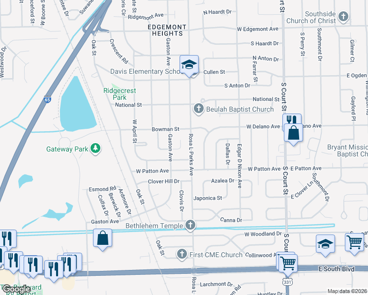 map of restaurants, bars, coffee shops, grocery stores, and more near 655 Belvedere Drive in Montgomery