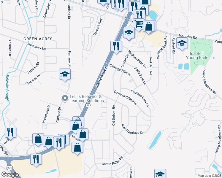 map of restaurants, bars, coffee shops, grocery stores, and more near 3160 Covered Bridge Drive in Montgomery