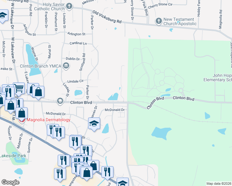 map of restaurants, bars, coffee shops, grocery stores, and more near 101 Wickstead Drive in Clinton