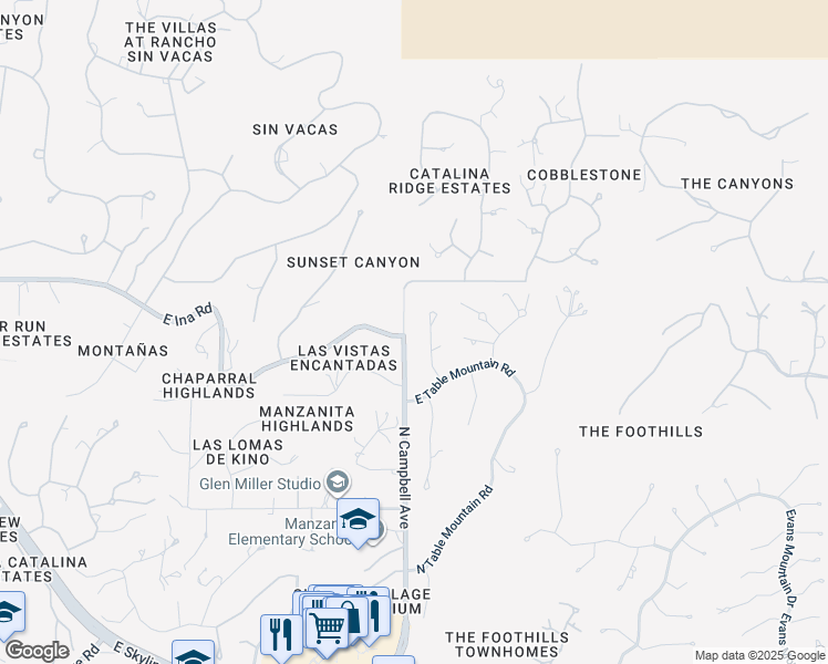 map of restaurants, bars, coffee shops, grocery stores, and more near 7107 North Chimney Rock Place in Tucson