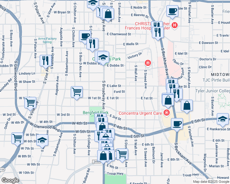 map of restaurants, bars, coffee shops, grocery stores, and more near 1207 South Fannin Avenue in Tyler