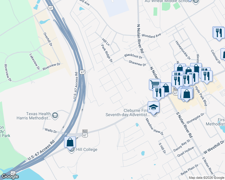 map of restaurants, bars, coffee shops, grocery stores, and more near Unnamed Road in Cleburne