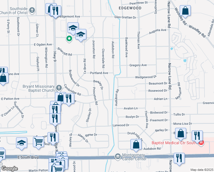 map of restaurants, bars, coffee shops, grocery stores, and more near 3675 Berkley Drive in Montgomery