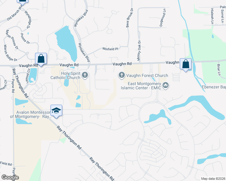 map of restaurants, bars, coffee shops, grocery stores, and more near 8699 Huntingdon Ridge Lane in Montgomery