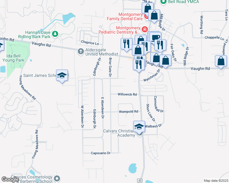 map of restaurants, bars, coffee shops, grocery stores, and more near 6813-6817 Willowick Road in Montgomery