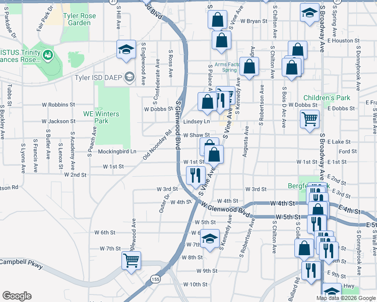 map of restaurants, bars, coffee shops, grocery stores, and more near 1003 West 1st Street in Tyler