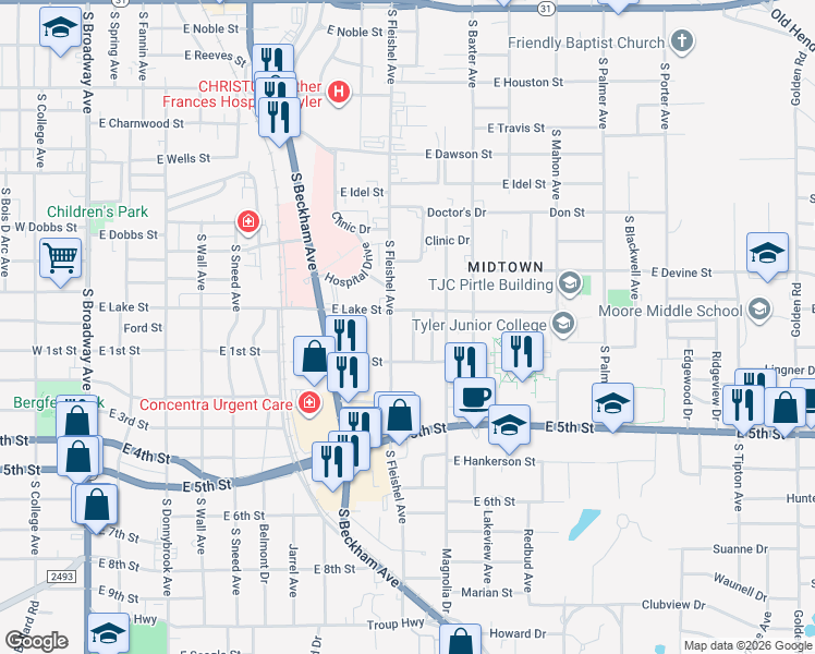 map of restaurants, bars, coffee shops, grocery stores, and more near 1203 Carol Lane in Tyler