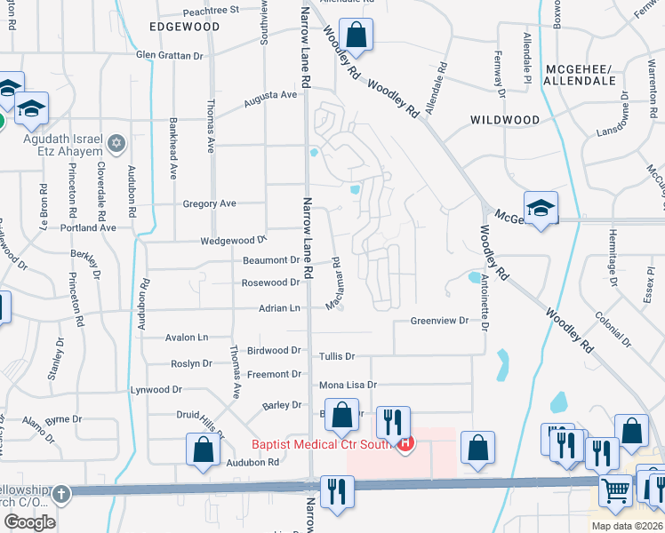 map of restaurants, bars, coffee shops, grocery stores, and more near 2020 Fairway Court in Montgomery