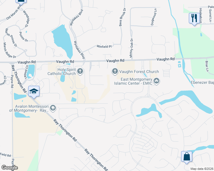 map of restaurants, bars, coffee shops, grocery stores, and more near 8699 Huntingdon Ridge Lane in Montgomery