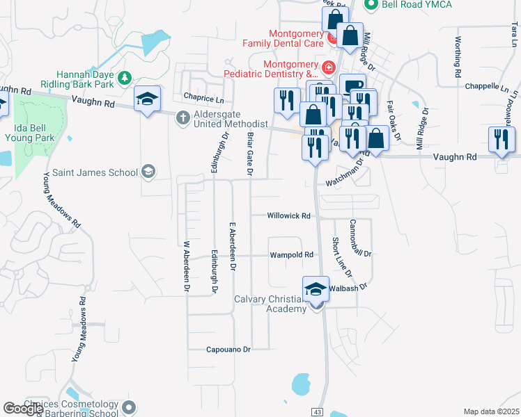map of restaurants, bars, coffee shops, grocery stores, and more near 6813-6817 Willowick Road in Montgomery