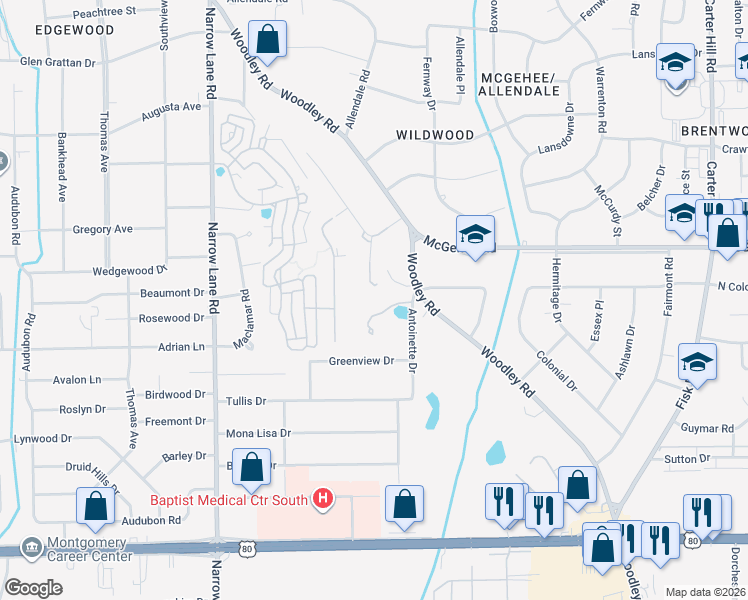 map of restaurants, bars, coffee shops, grocery stores, and more near 2550 Woodley Road in Montgomery