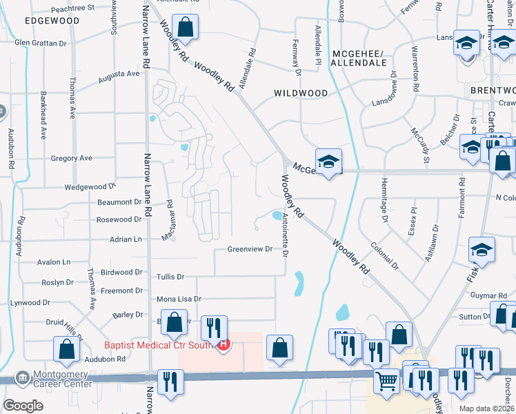 map of restaurants, bars, coffee shops, grocery stores, and more near 2550 Woodley Road in Montgomery