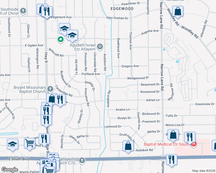 map of restaurants, bars, coffee shops, grocery stores, and more near 3628 East Audubon Road in Montgomery