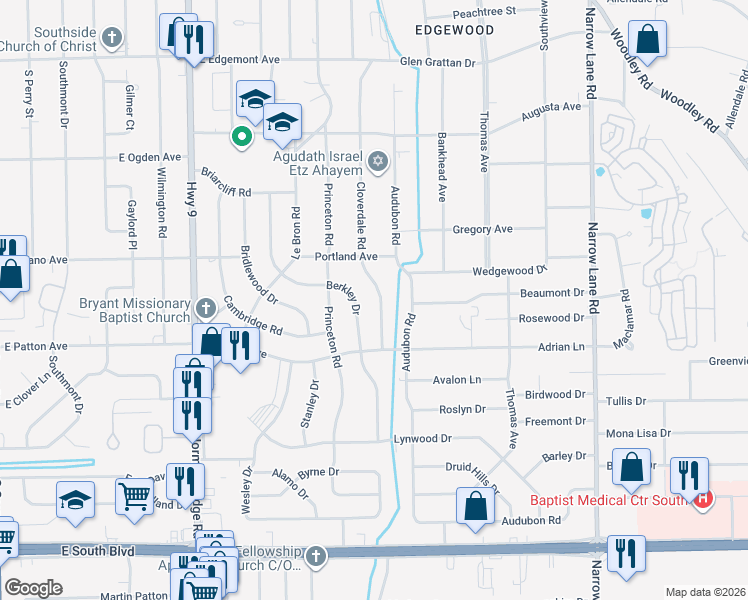 map of restaurants, bars, coffee shops, grocery stores, and more near 3675 Berkley Drive in Montgomery