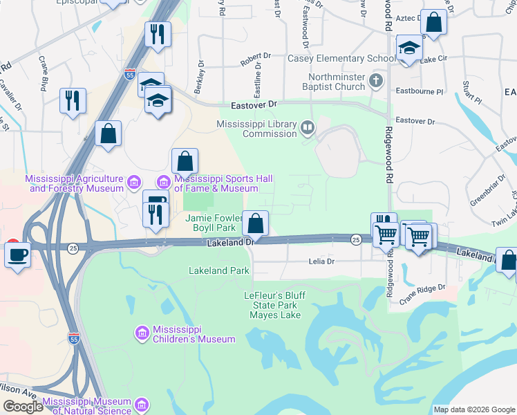 map of restaurants, bars, coffee shops, grocery stores, and more near 57 Eastbrooke Street in Jackson