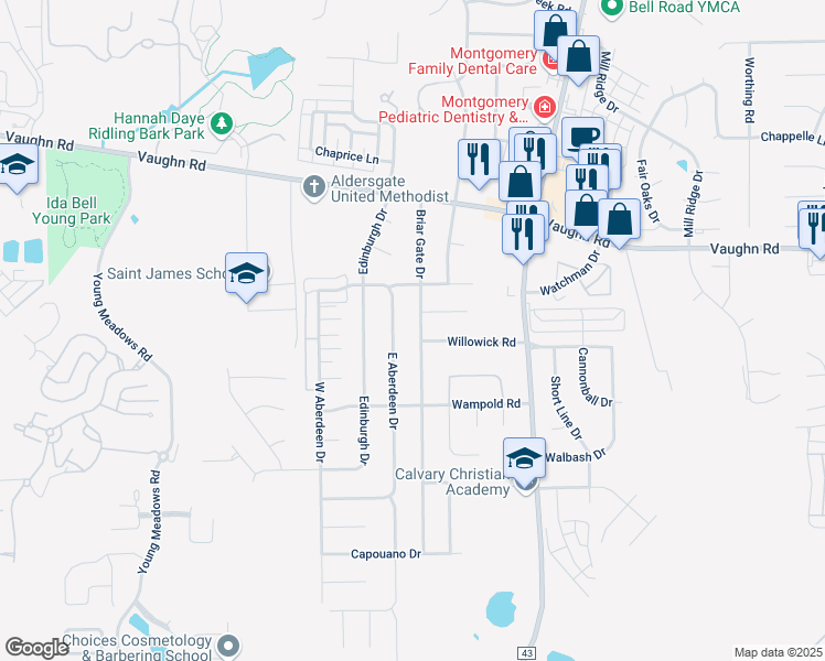map of restaurants, bars, coffee shops, grocery stores, and more near 2132 Briar Gate Drive in Montgomery
