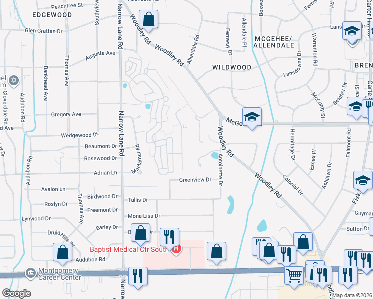 map of restaurants, bars, coffee shops, grocery stores, and more near 2503 Gunster Rd in Montgomery