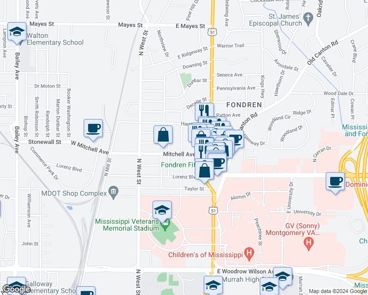 map of restaurants, bars, coffee shops, grocery stores, and more near 3012 Oxford Avenue in Jackson