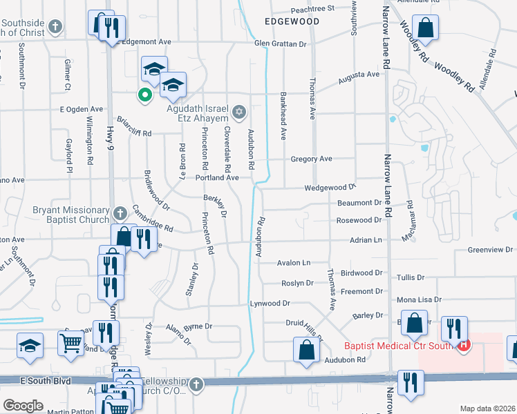 map of restaurants, bars, coffee shops, grocery stores, and more near 3628 East Audubon Road in Montgomery