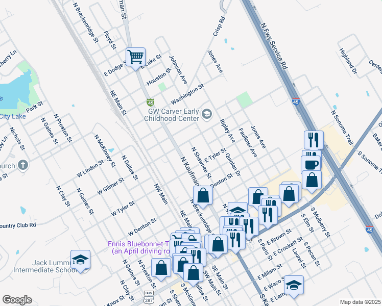 map of restaurants, bars, coffee shops, grocery stores, and more near 900 North Kaufman Street in Ennis