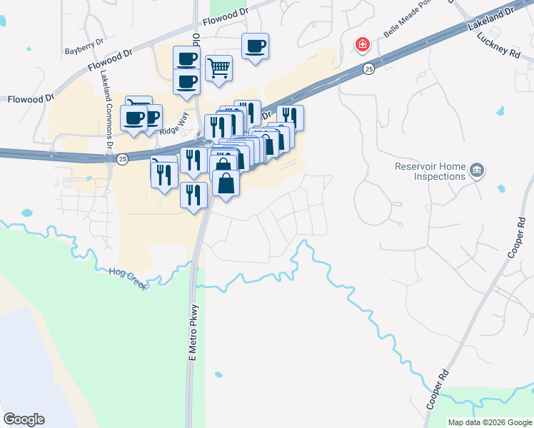 map of restaurants, bars, coffee shops, grocery stores, and more near 100 Dogwood Way in Pearl