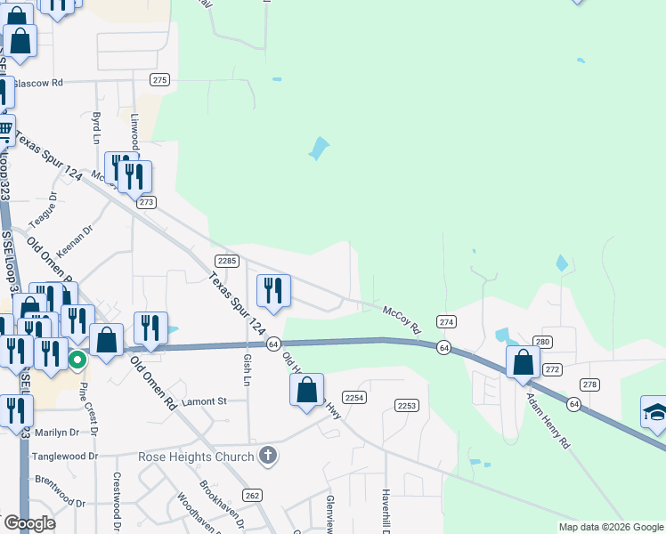 map of restaurants, bars, coffee shops, grocery stores, and more near 8795 County Road 273 in Tyler