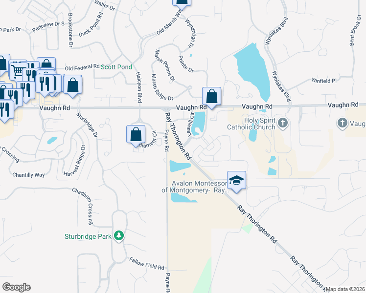 map of restaurants, bars, coffee shops, grocery stores, and more near 8698 Plantation Ridge Rd in Montgomery