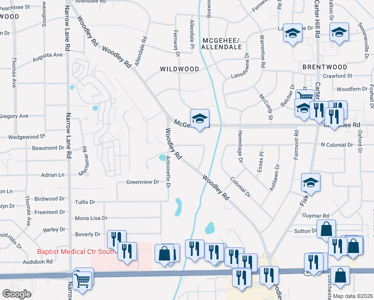 map of restaurants, bars, coffee shops, grocery stores, and more near 2563 Woodley Road in Montgomery