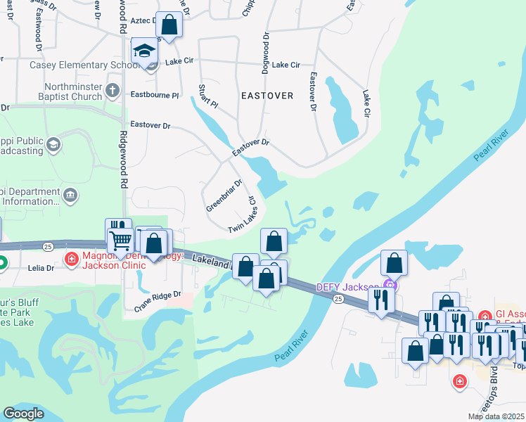 map of restaurants, bars, coffee shops, grocery stores, and more near 2353 Twin Lakes Circle in Jackson
