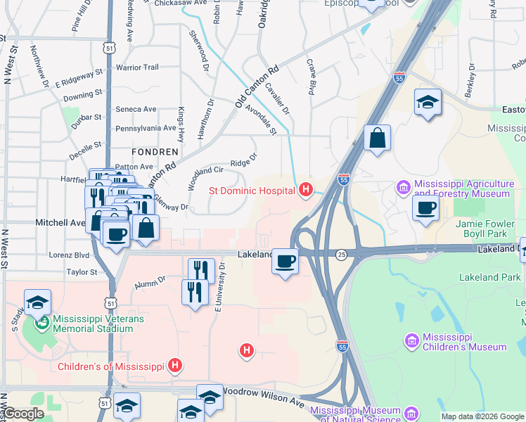 map of restaurants, bars, coffee shops, grocery stores, and more near 2969 North Curran Drive in Jackson