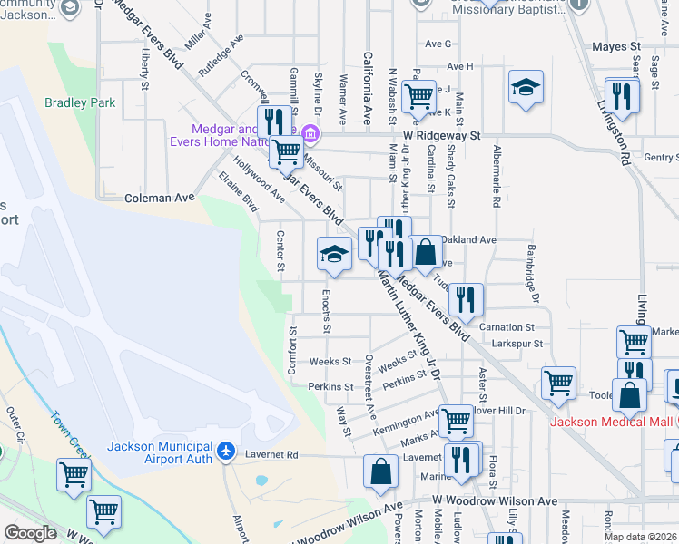 map of restaurants, bars, coffee shops, grocery stores, and more near 1339 Oak Park Drive in Jackson
