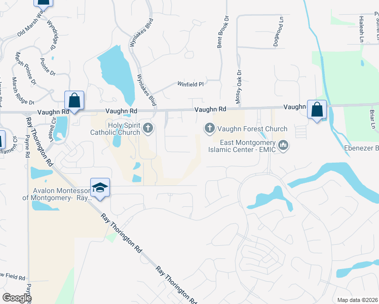 map of restaurants, bars, coffee shops, grocery stores, and more near 8699 Huntingdon Ridge Lane in Montgomery