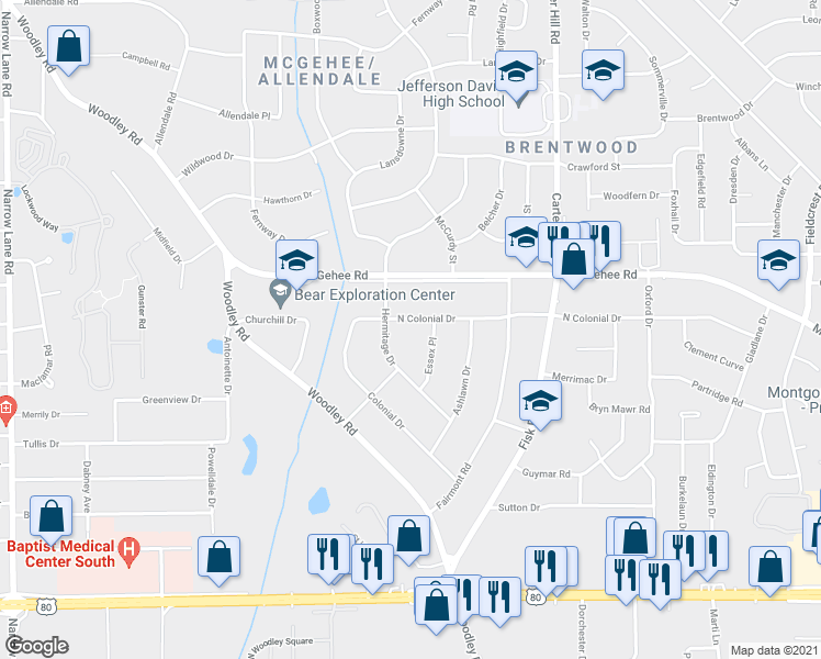 map of restaurants, bars, coffee shops, grocery stores, and more near 2816 North Colonial Drive in Montgomery