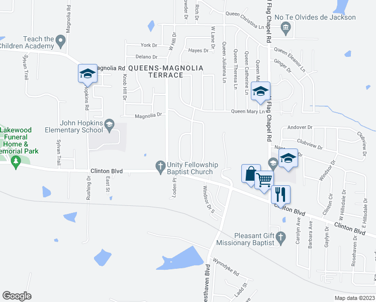 map of restaurants, bars, coffee shops, grocery stores, and more near 133 Queen Victoria Lane in Jackson