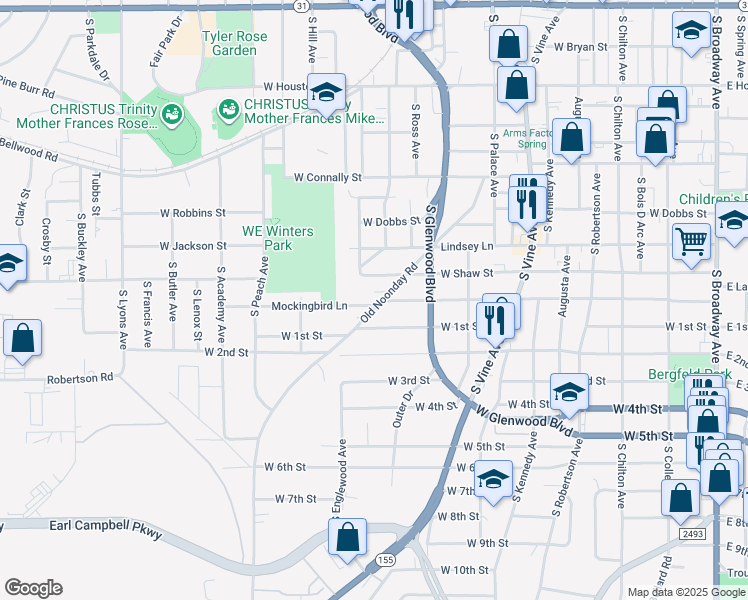 map of restaurants, bars, coffee shops, grocery stores, and more near 1207 Old Noonday Road in Tyler